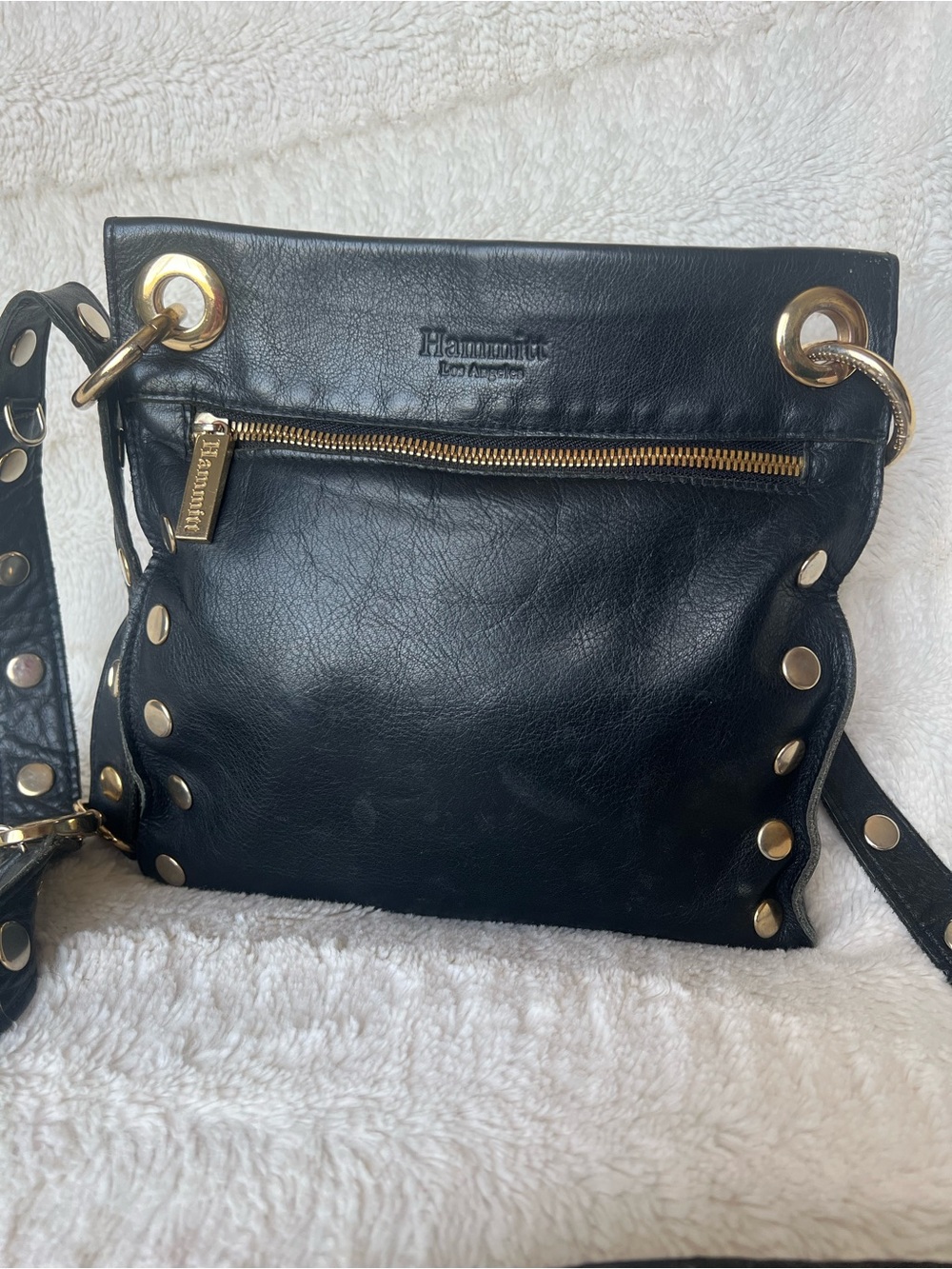 Hammitt Tony Med Black Leather Shoulder Bag with Gold Studs